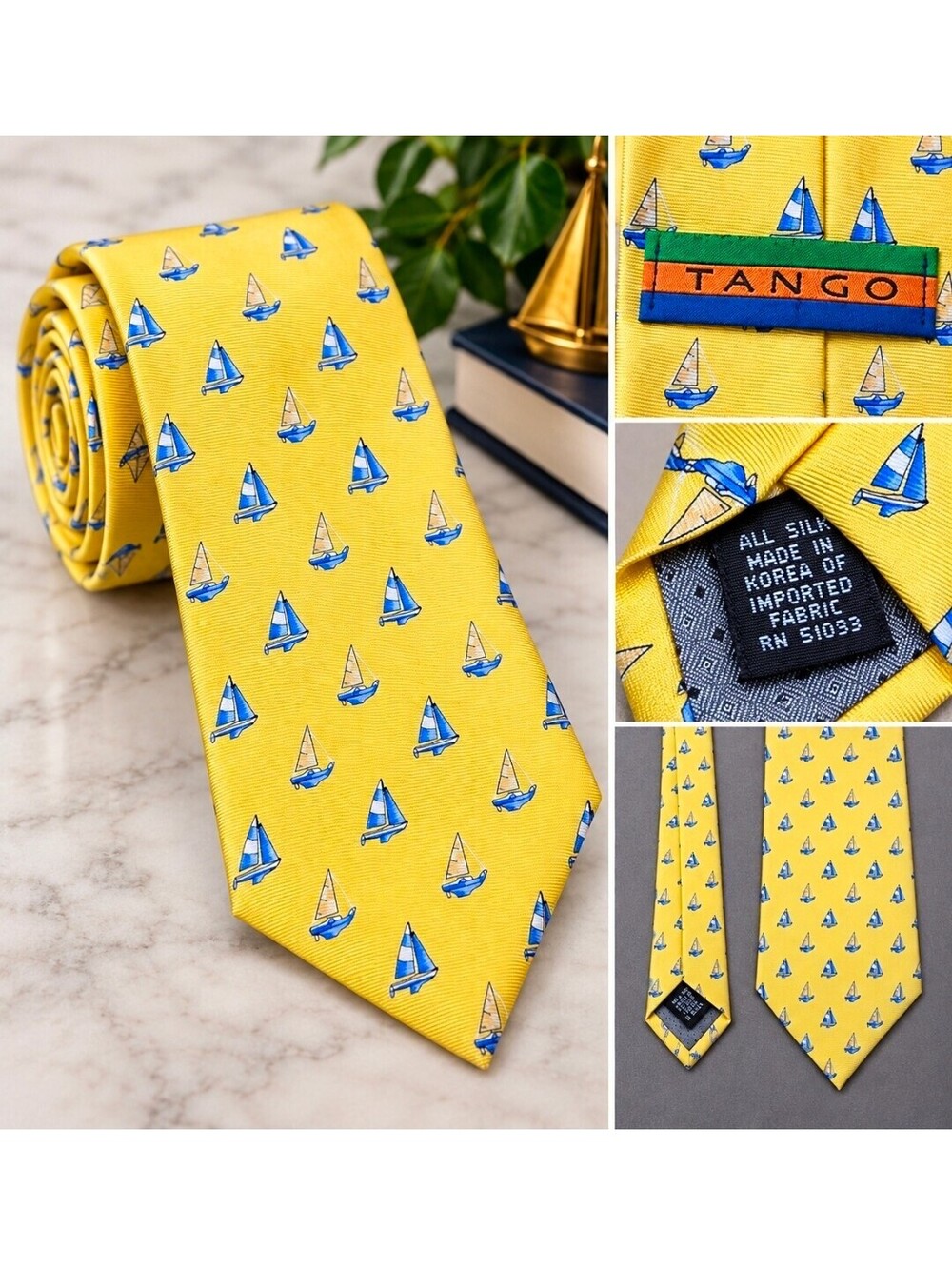 Tango 100% Silk Tie Yellow Blue Sailboat Nautical Preppy Coastal Men’s Necktie